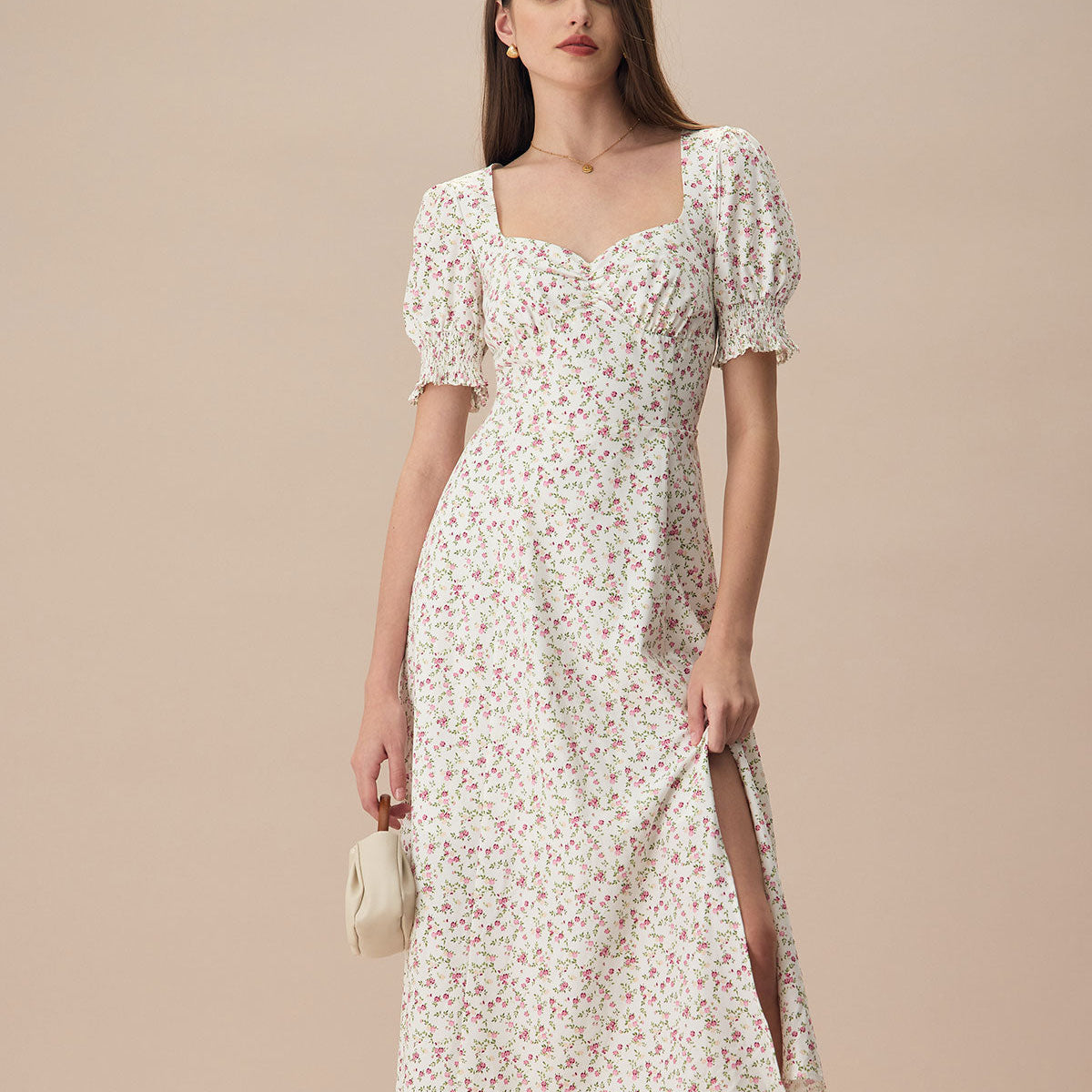 Olyssa Bej Renkli Kalp Yaka Volan Kol Çiçek Desenli Midi Elbise