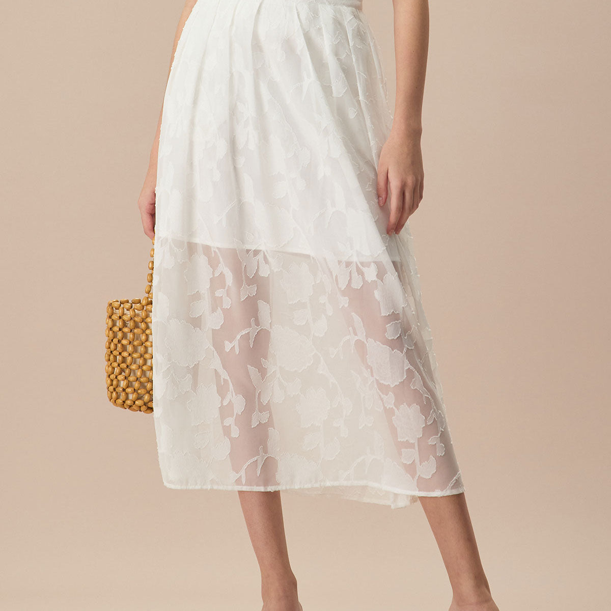 Beyaz Jakarlı Midi Etek