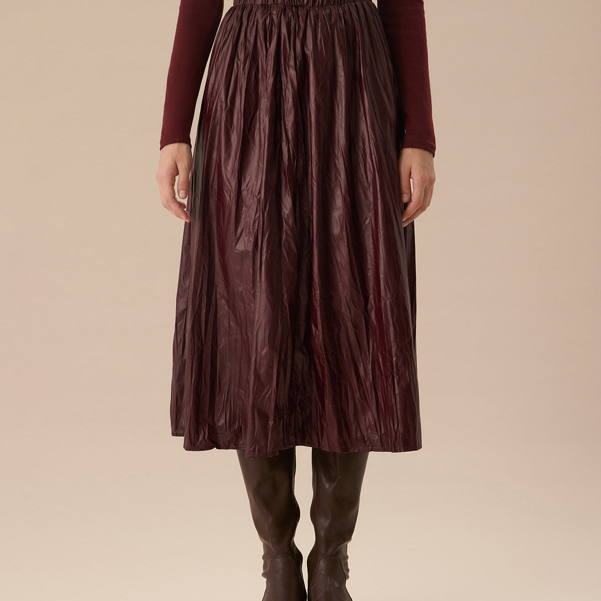 Şarap Kırmızısı Deri Görünümlü Lastikli Bel Büzgülü Midi Etek